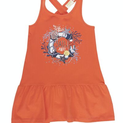 Girl's dress in coral stretch cotton single jersey with print on the front, straps. (2y-16y)