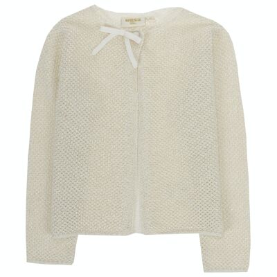 Girl's ecru and gold tricot knit jacket, long sleeves. (2y-16y)