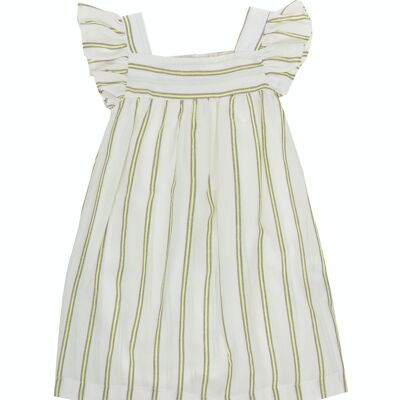 Girl's ecru cotton linen dress with fluorescent lime stripes, short sleeves with ruffles. (2y-16y)