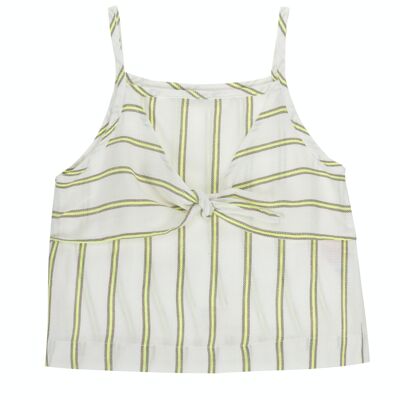 Girl's ecru cotton linen blouse with fluorescent lime stripes, straps. (2y-16y)