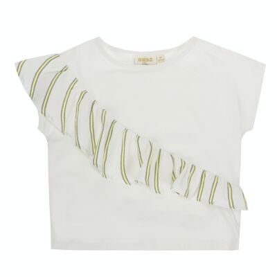 Ecrufarbenes Mädchen-T-Shirt aus Baumwoll-Stretch-Jersey, kurze Ärmel mit Volants, fluoreszierender Limonen-Print auf der Vorderseite. (2-16 Jahre)