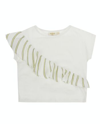 T-shirt fille en jersey de coton stretch écru, manches courtes à volants, imprimé tilleul fluo devant. (2a-16a) 1