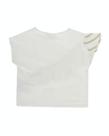 T-shirt fille en jersey de coton stretch écru, manches courtes à volants, imprimé tilleul fluo devant. (2a-16a) 2