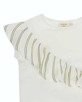 T-shirt fille en jersey de coton stretch écru, manches courtes à volants, imprimé tilleul fluo devant. (2a-16a) 3