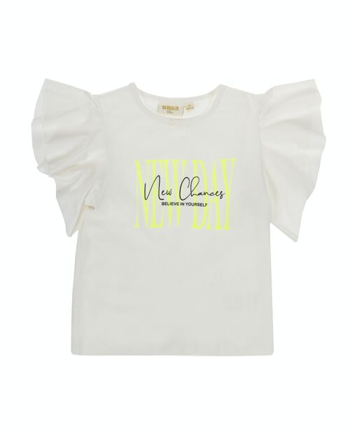 Camiseta de niña en punto liso elástico de algodón, manga corta de volante, estampado delante. (2y-16y)