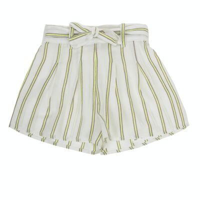 Shorts für Mädchen aus ecrufarbenem Baumwollleinen mit fluoreszierenden Limettenstreifen. (2-16 Jahre)