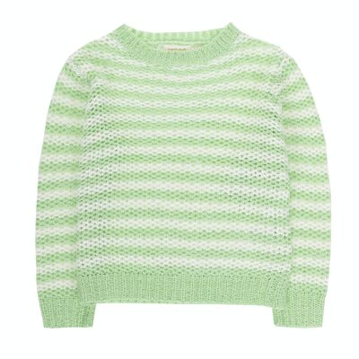 Girl's light green and white striped tricot knit sweater, long sleeves. (2y-16y)
