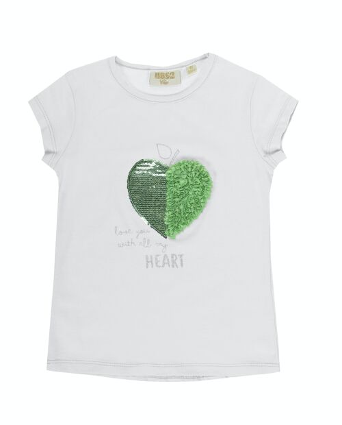 Camiseta de niña en punto liso elástico de algodón color blanco, manga corta, bordado delante. (2y-16y)