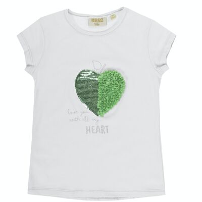 Girl's white stretch cotton single jersey T-shirt, short sleeves, embroidery on the front. (2y-16y)