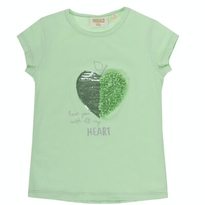 Hellgrünes Single-Jersey-T-Shirt für Mädchen aus Stretch-Baumwolle, kurze Ärmel, Stickerei auf der Vorderseite. (2-16 Jahre)