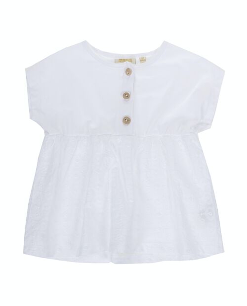 Camiseta de niña en punto liso de algodón color blanco y tejido bordado suizo, manga corta. (2y-16y)
