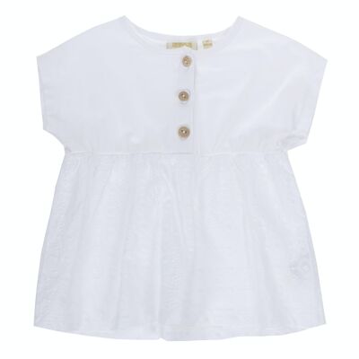 Camiseta de niña en punto liso de algodón color blanco y tejido bordado suizo, manga corta. (2y-16y)