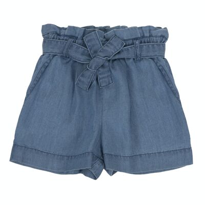 Mittelblaue Mädchen-Shorts aus Baumwolle, Fronttaschen. (2-16 Jahre)