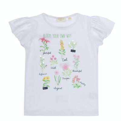 Girl's white stretch cotton single jersey T-shirt, round neckline, print on the front. (2y-16y)