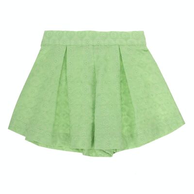 Pantaloncini da bambina in cotone verde chiaro con ricami svizzeri. (2a-16a)