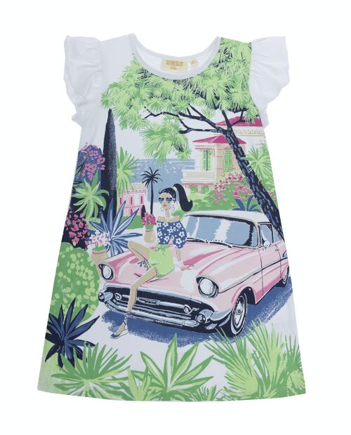 Vestido de niña en punto liso de algodón elástico en color blanco con estampado grande delante, manga corta de volante. (2y-16y)