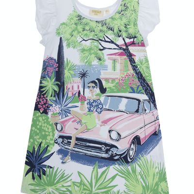 Girl's white stretch cotton single jersey dress with a large print on the front, short sleeves with ruffles. (2y-16y)
