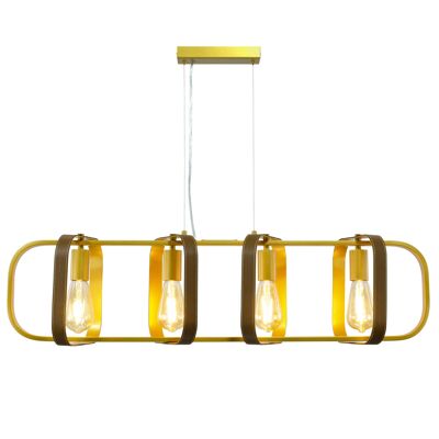 Lámpara colgante Maty de 4 luces en metal dorado y piel sintética marrón
