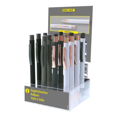 ONLINE 15x Kugelschreiber Soft Metal im Display |  Soft-Touch Oberfläche | austauschbare G2 Mine