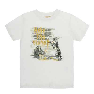 Boy's ecru cotton single jersey T-shirt, short sleeves, print on the front. (2y-16y)
