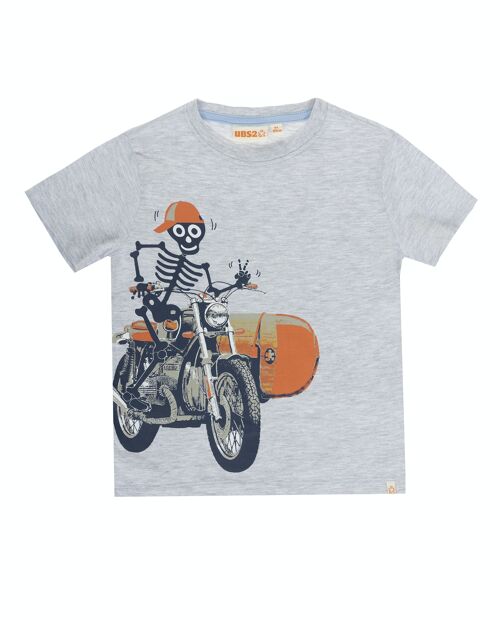 Camiseta de niño en punto liso de algodón color gris claro, manga corta, estampado delante. (2y-16y)