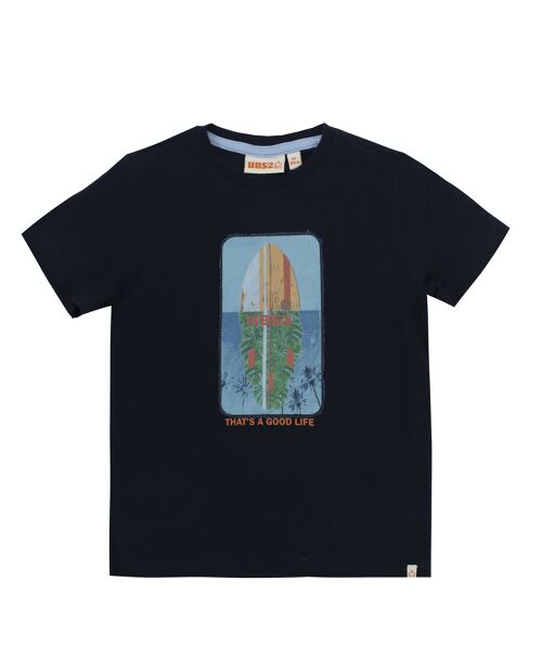 Camiseta de niño en punto liso de algodón color azul marino, cuello redondo, estampado delante. (2y-16y)