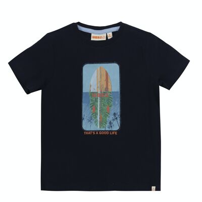 Camiseta de niño en punto liso de algodón color azul marino, cuello redondo, estampado delante. (2y-16y)