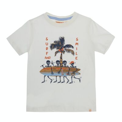Ecrufarbenes Single-Jersey-T-Shirt für Jungen, kurze Ärmel, Aufdruck auf der Vorderseite. (2-16 Jahre)