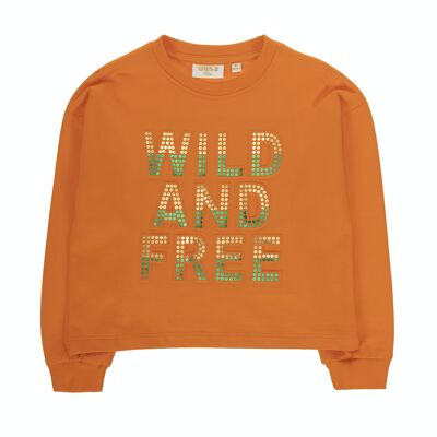 Girl's orange cotton fleece sweatshirt, long sleeves, relief print on the front. (2y-16y)