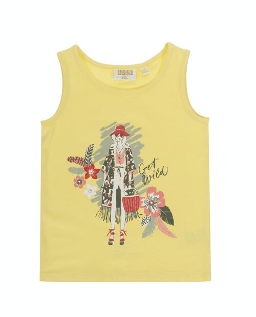 Camiseta de niña en punto lilso elástico de algodón color amarillo claro, tirantes anchos, estampado delante. (2y-16y)