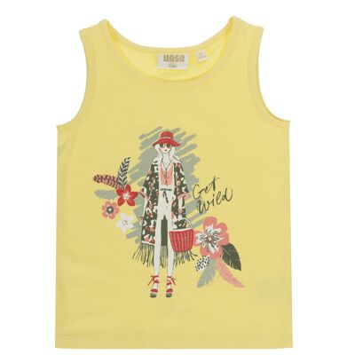 Girl's light yellow stretch cotton jersey T-shirt, wide straps, print on the front. (2y-16y)