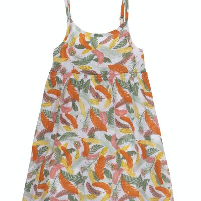 Girl's dress in organic viscose with orange feather print, straps. (2y-16y)