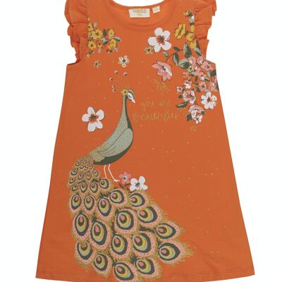 Orangefarbenes Mädchenkleid aus Single-Jersey aus Stretch-Baumwolle mit großem Aufdruck auf der Vorderseite, kurzen Ärmeln mit Rüschen. (2-16 Jahre)