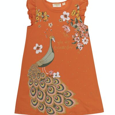 Robe fille orange en jersey simple de coton stretch, grand imprimé devant, manches courtes à volants. (2a-16a)