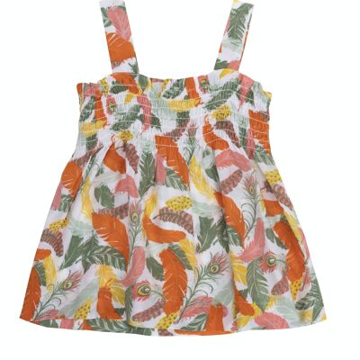 Blusa de niña en viscosa ecológica estampado plumas naranjas, tirantes. (2y-16y)