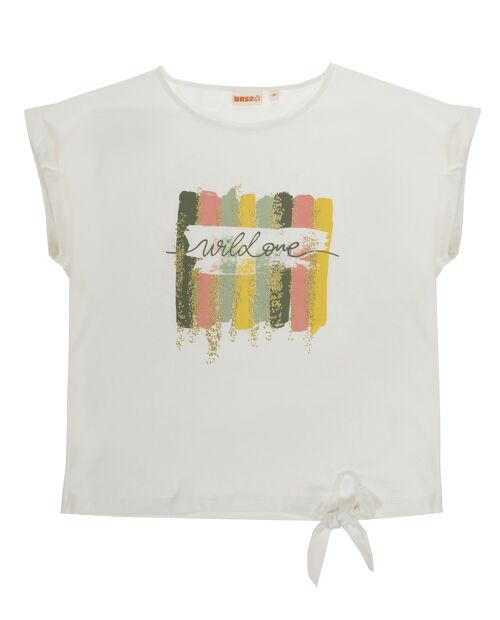 Camiseta de niña en punto liso de algodón color crudo, manga corta, estampado delante. (2y-16y)