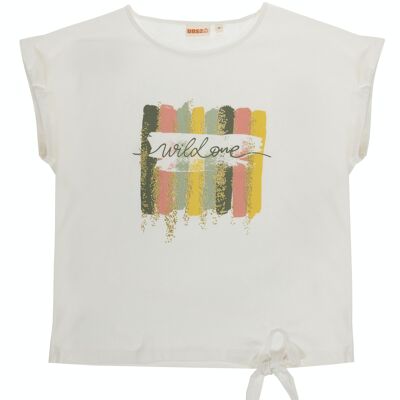 Girl's ecru cotton single jersey T-shirt, short sleeves, print on the front. (2y-16y)