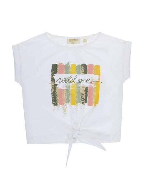 Camiseta de mujer en punto lilso de algodón color crudo, manga corta, estampado delante. (XS-XL)