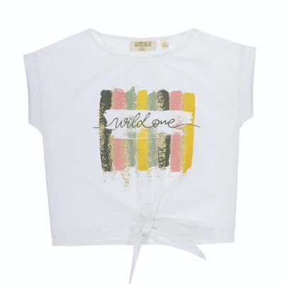Camiseta de mujer en punto lilso de algodón color crudo, manga corta, estampado delante. (XS-XL)