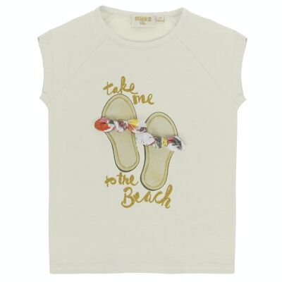 Girl's ecru stretch cotton jersey T-shirt, short sleeves, print on the front. (2y-16y)