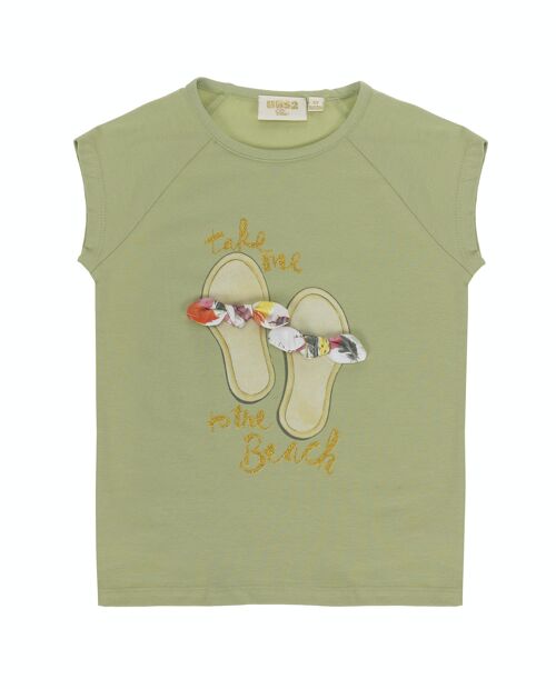 Camiseta de niña en punto lilso elástico de algodón color kaki, manga  corta, estampado delante. (2y-16y)