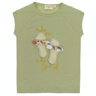 Girl's khaki stretch cotton jersey T-shirt, short sleeves, print on the front. (2y-16y)