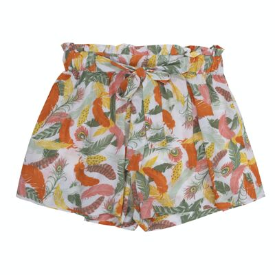 Shorts da bambina in viscosa organica con stampa piume arancioni, fiocco sul davanti. (2a-16a)