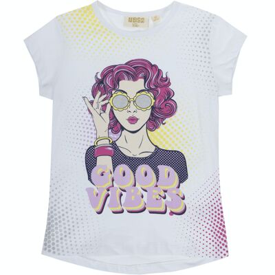 Girl's white stretch cotton single jersey T-shirt, short sleeves, print on the front. (2y-16y)