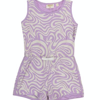 Girl's short jumpsuit in elastic single jersey cotton with psychedelic print in lilac and ecru, elasticated waist. (2y-16y)