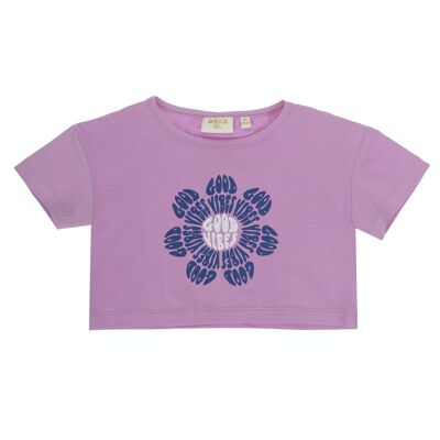 Camiseta corta de niña en punto  liso elástico de algodón, manga corta, estampado flor delante. (2y-16y)