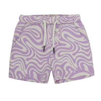 Shorts da bambina in jersey di cotone elasticizzato tinta unita con stampa psichedelica nei colori lilla ed écru, elastico in vita. (2a-16a)