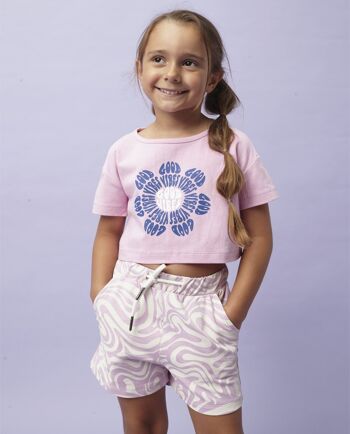 Short fille en jersey de coton élastique uni à imprimé psychédélique lilas et écru, taille élastiquée. (2a-16a) 4