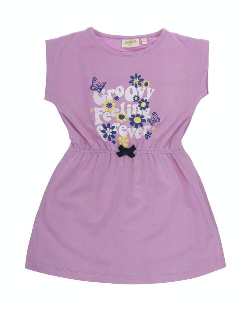 Vestido de niña en punto liso de algodón elástico en color lila con estampado delante, manga corta. (2y-16y)