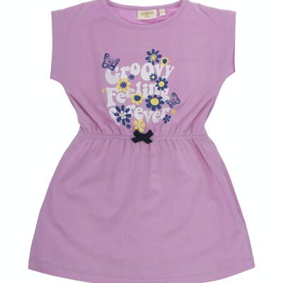 Girl's dress in lilac stretch cotton single jersey with print on the front, short sleeves. (2y-16y)